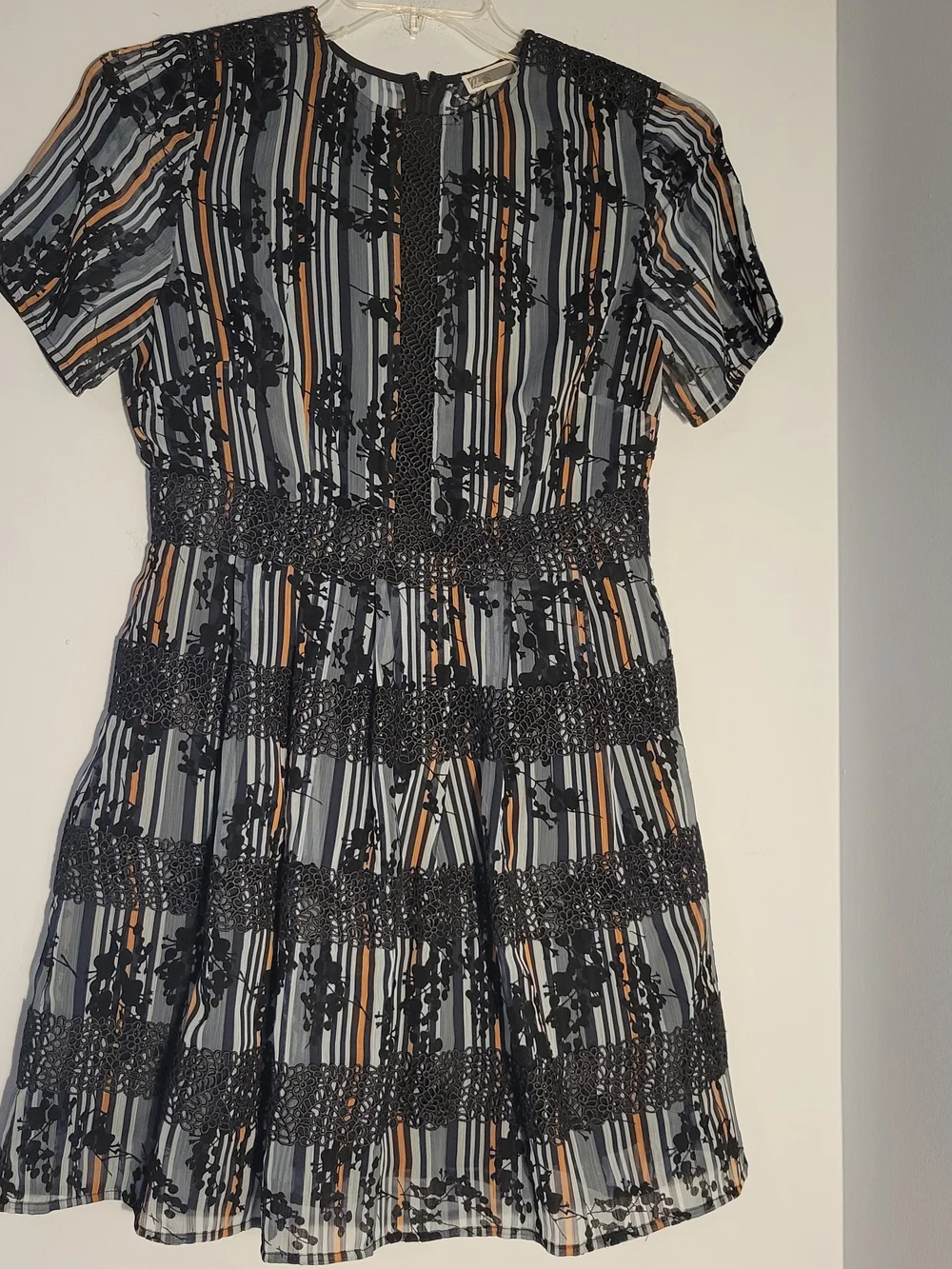 Chelsea28 Black and Blue Vertical Stripe Short Sleeve Lace Detail Dress Size S